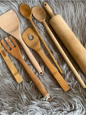 Vintage Primitive wood kitchen utensils set of 7